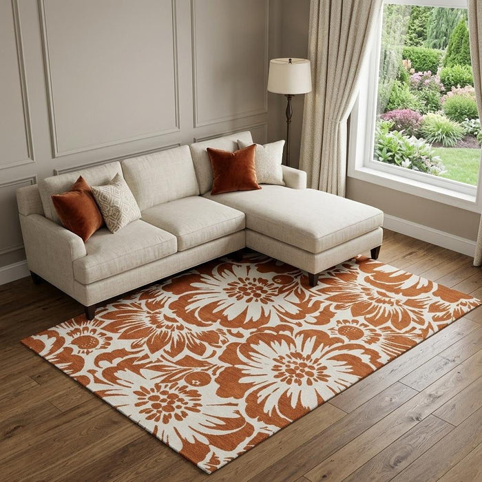 10' X 14' Floral Washable Area Rug With UV Protection (648682) - Rust / Ivory
