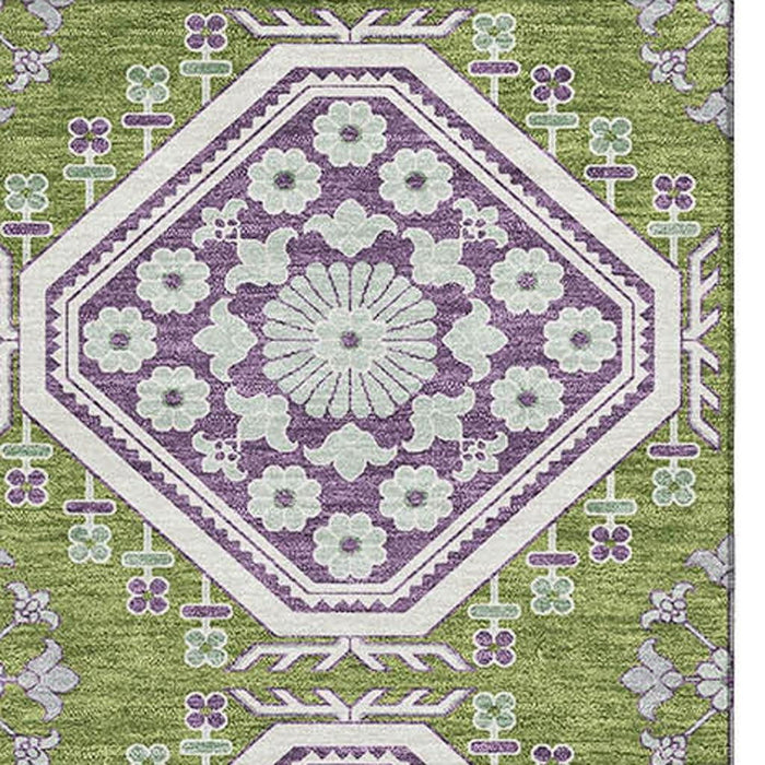 10' X 14' Floral Washable Area Rug With UV Protection (693738) - Lime Green / Ivory / Purple