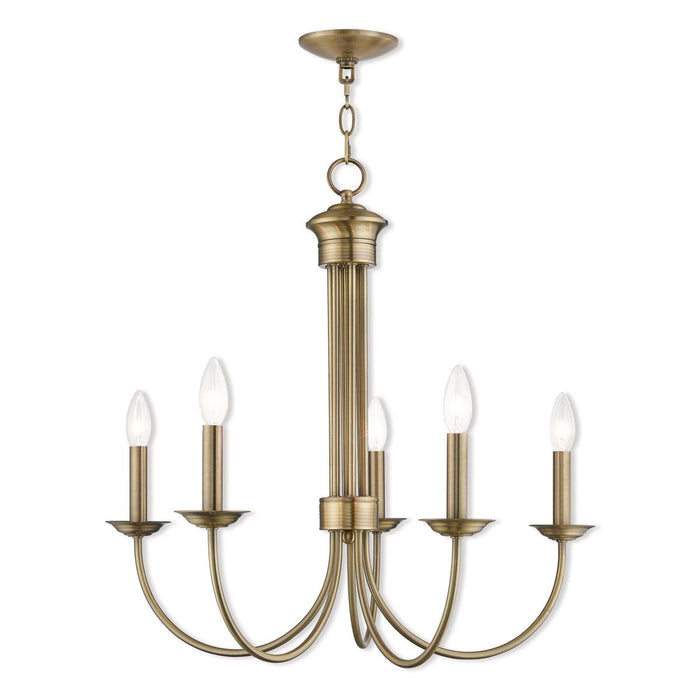 Five Light Metal Dimmable Chandelier With Shades - Antiqued Brass