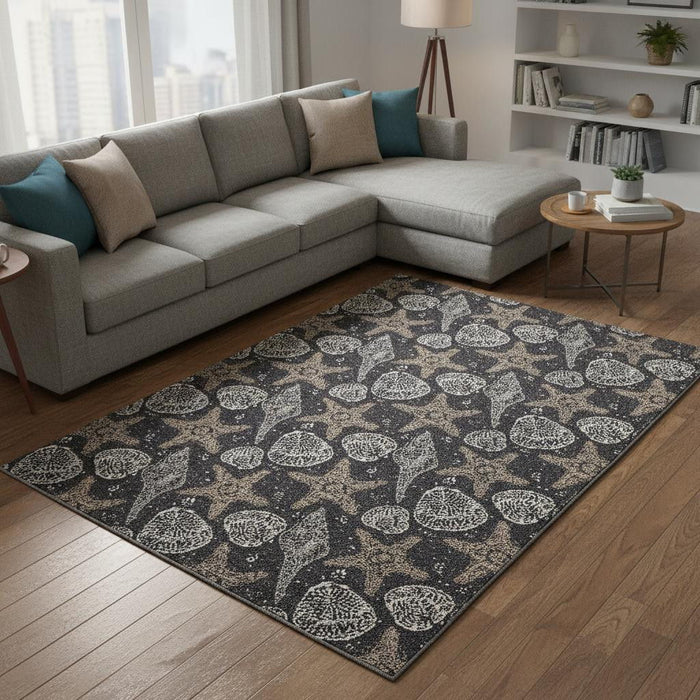 9' X 12' Geometric Washable Area Rug With UV Protection (645785) - Midnight / Taupe