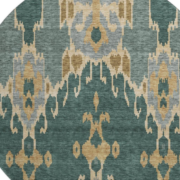 8' Ikat Washable Round Rug With UV Protection - Emerald