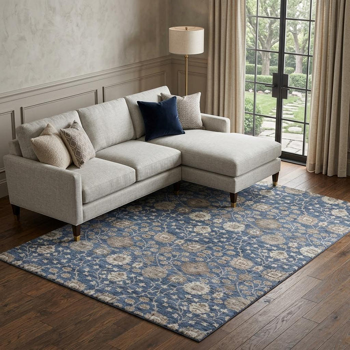 10' X 14' Floral Washable Area Rug With UV Protection (687017) - Navy Blue / Brown / Beige