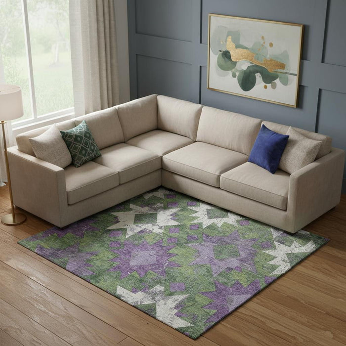 10' X 14' Southwestern Washable Area Rug With UV Protection (706649) - Green / Purple / Ivory