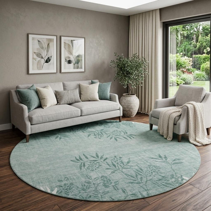 8' Floral Washable Round Rug With UV Protection (655671) - Sage / Ivory