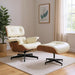 Off-white tufted leather swivel lounge chair with matching walnut ottoman, styled for modern home decor by HomeRoots.