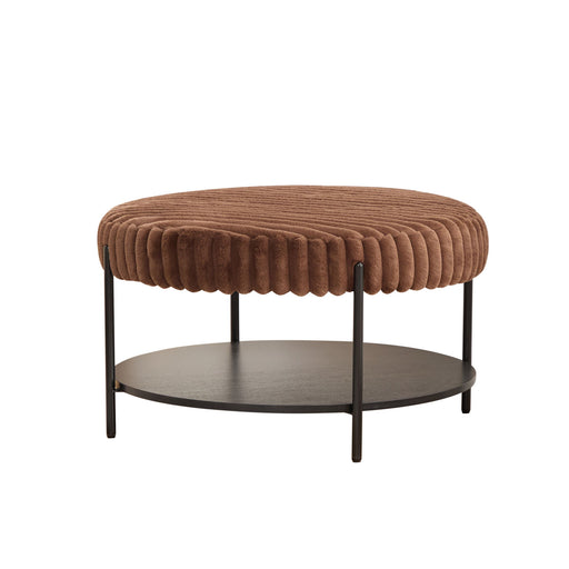 Giga modern upholstered round coffee table ottoman with storage shelf, featuring soft fabric and functional design.