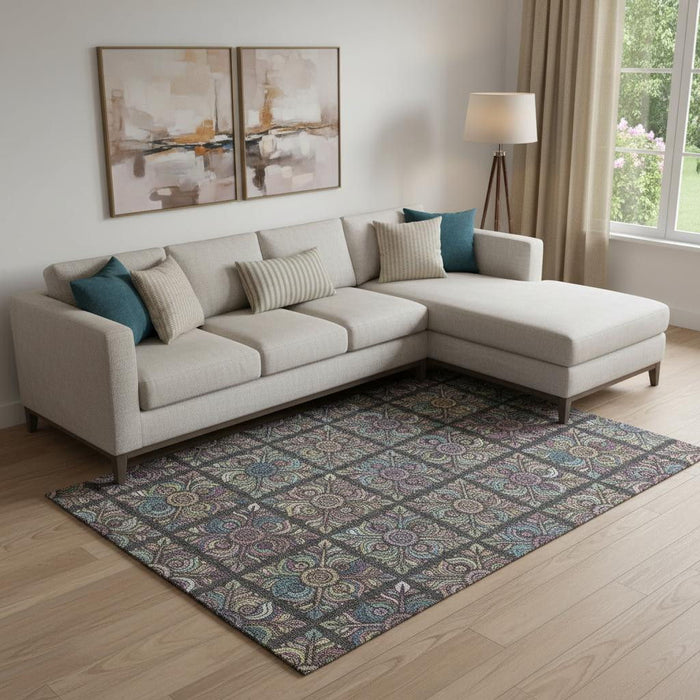 10' X 14' Medallion Washable Area Rug With UV Protection (667679) - Black / Purple / Teal