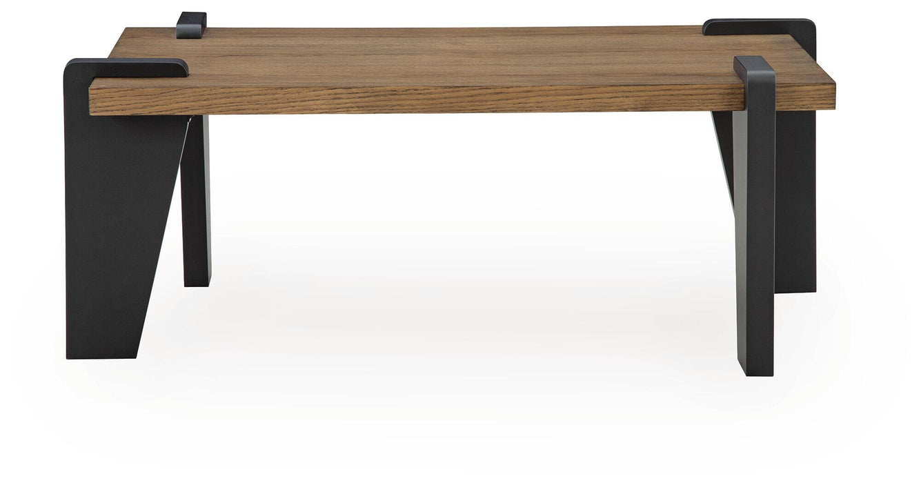 Signature Design by Ashley Weathermore rectangular cocktail table with a sleek wooden surface and sturdy metal legs.
