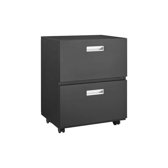 Black Giga office copier cabinet with two doors, steel construction, mobile pedestal with file and printer storage.