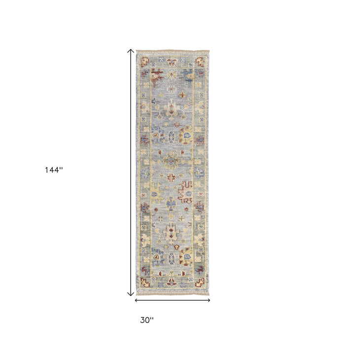 12' Floral Hand Knotted Runner Rug With Fringe - Blue