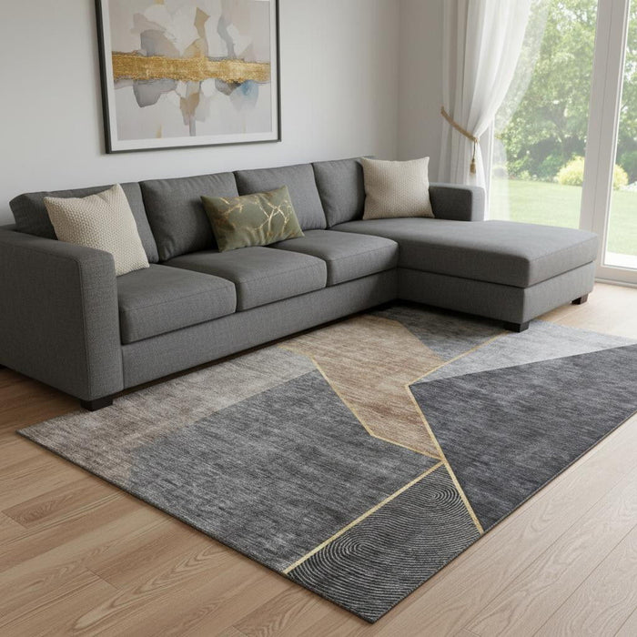 9' X 12' Geometric Washable Area Rug With UV Protection (653736) - Charcoal / Gold / Brown