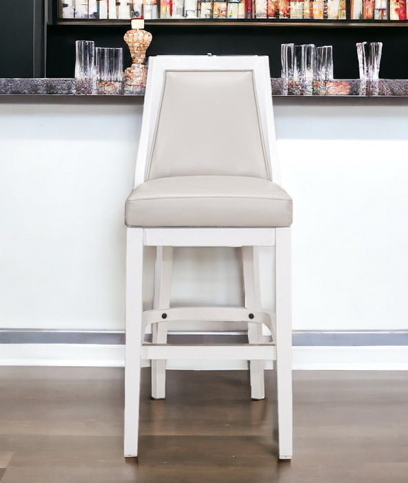 Faux Leather And Solid Wood Bar Height Swivel Bar Chair - Pearl Silver And White