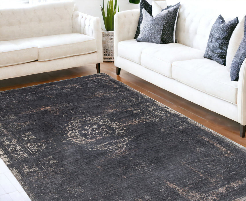 7' x 9' Medallion Non Skid Area Rug - Gray And Black