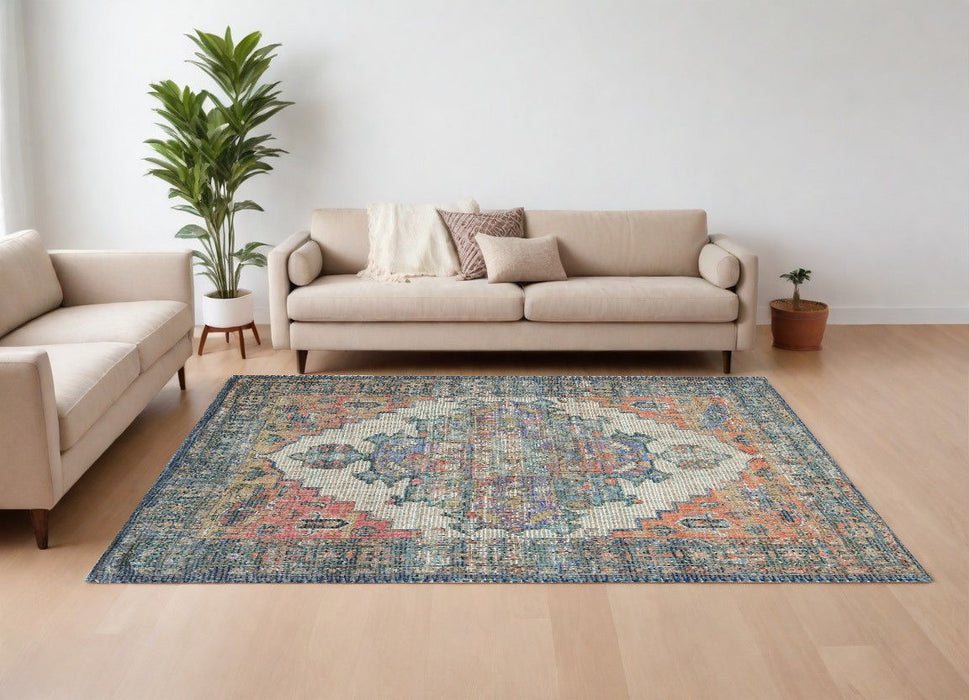 7' x 12' Hand Woven Traditional Medallion Indoor Area Rug - Blue Orange