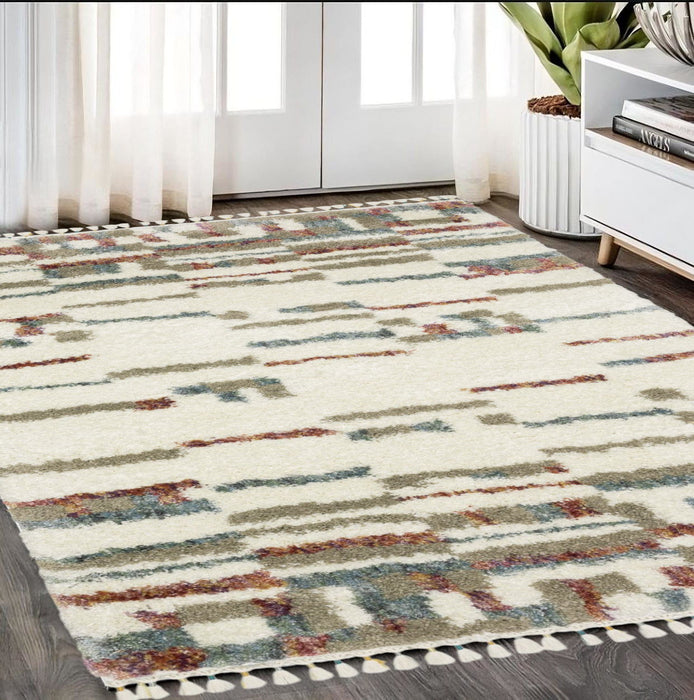 5' X 8' Abstract Shag Distressed Area Rug With Fringe - Tan
