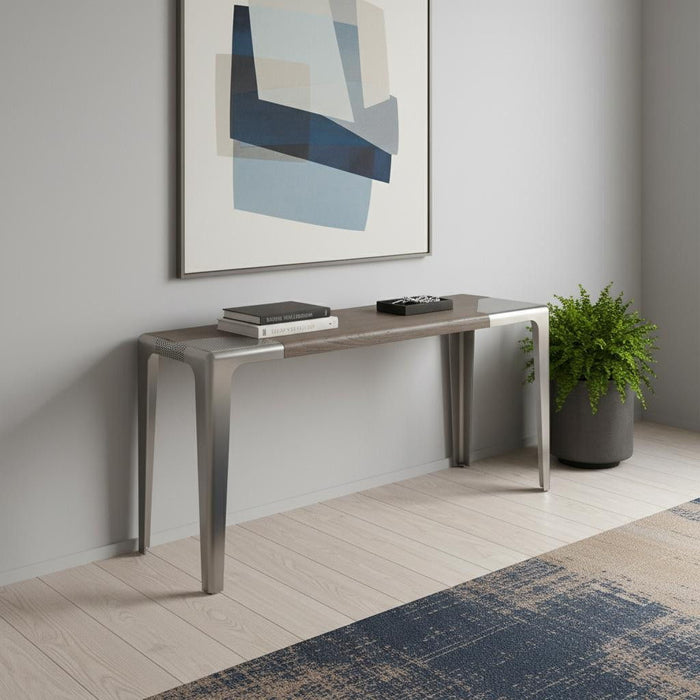 Solid Wood Metal Double Pedestal Console Table - Gray / Silver