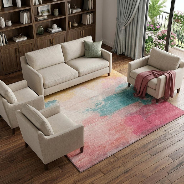 10' X 14' Abstract Washable Area Rug With UV Protection (694182) - Pink / Gold / Teal