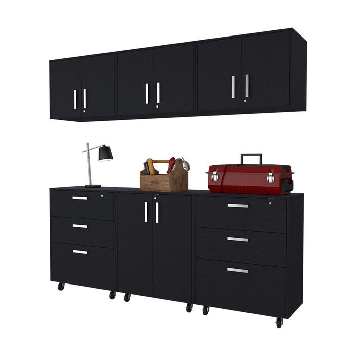 Black wall-mounted accent cabinet with eight open shelves and six drawers, designed for stylish storage and organization.