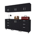 Black wall-mounted accent cabinet with eight open shelves and six drawers, designed for stylish storage and organization.