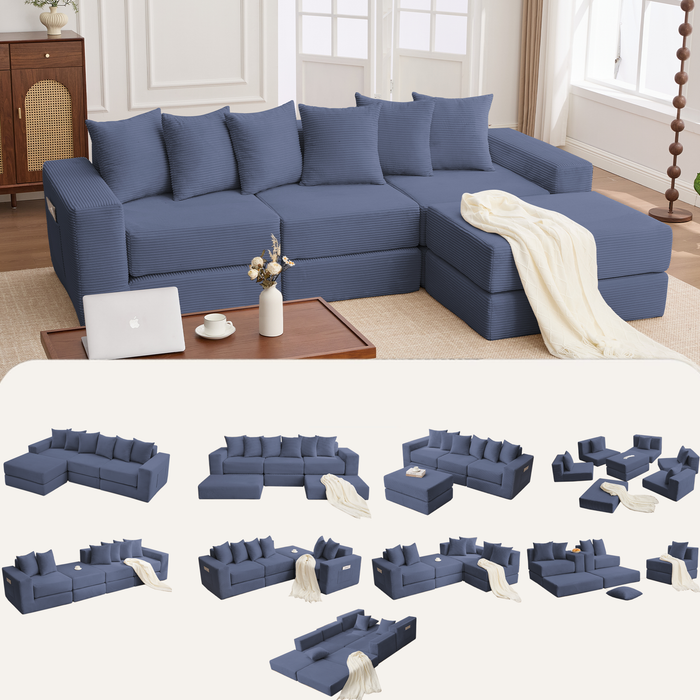 [NEW ARRIVED] [VIDEO PROVIDED]10-in-1 Convertible Sofa Sectional ,Corner Couch , Convertible Floor Sleeper Sofa,Corduroy,Side Pocket,No Assembly,DIY,L Shaped Modular Sofa,6 Pillows,Blue