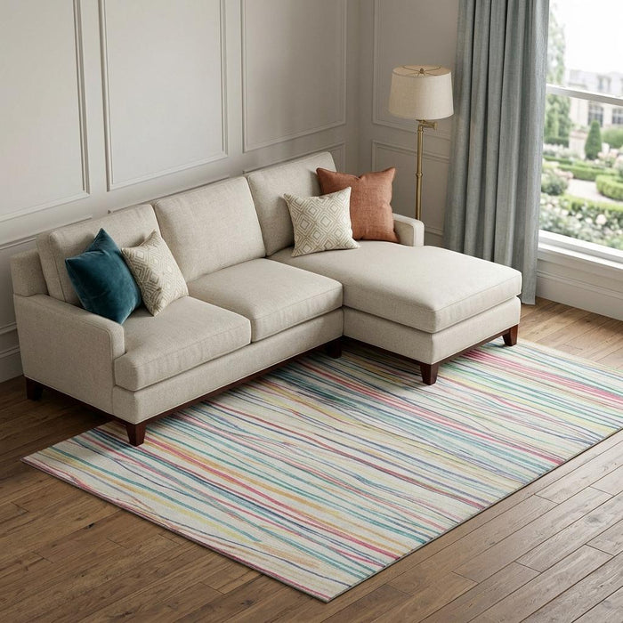 10' X 14' Striped Washable Area Rug With UV Protection (694713) - Ivory / Red / Yellow / Green
