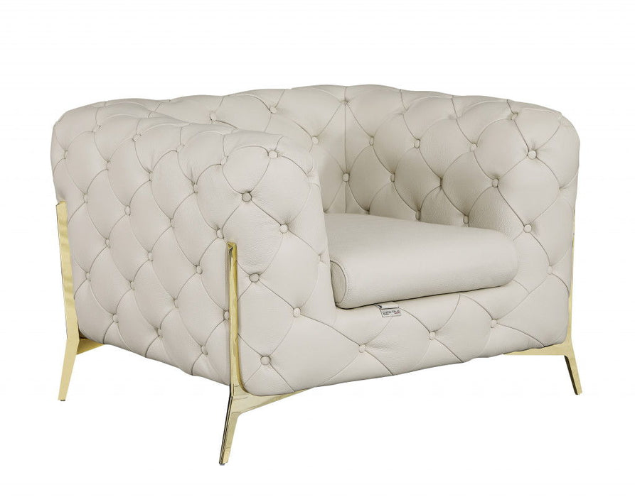Italian Leather Tufted Chesterfield Chair - Beige And Gold