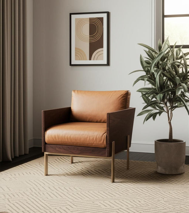 Top Grain Leather And Gold Arm Chair - Carmel Brown