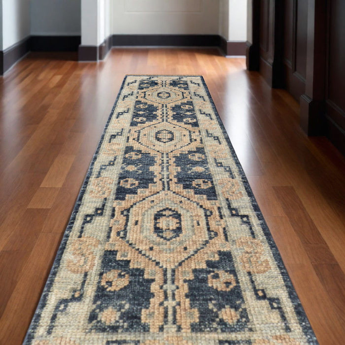 14' Wool Geometric Hand Knotted Runner Rug With Fringe - Blue And Ivory