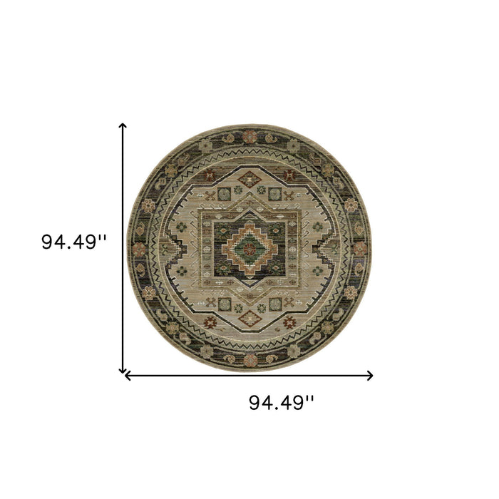 8' Tribal Round Rug - Gray And Green