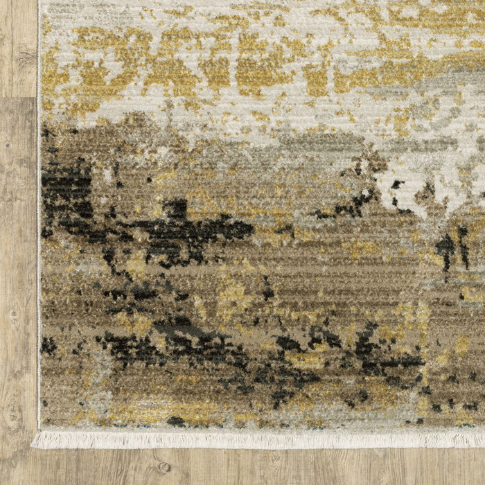 10' x 13' Abstract Power Loom Stain Resistant Area Rug With Fringe - Gray Gold Black Charcoal And Beige