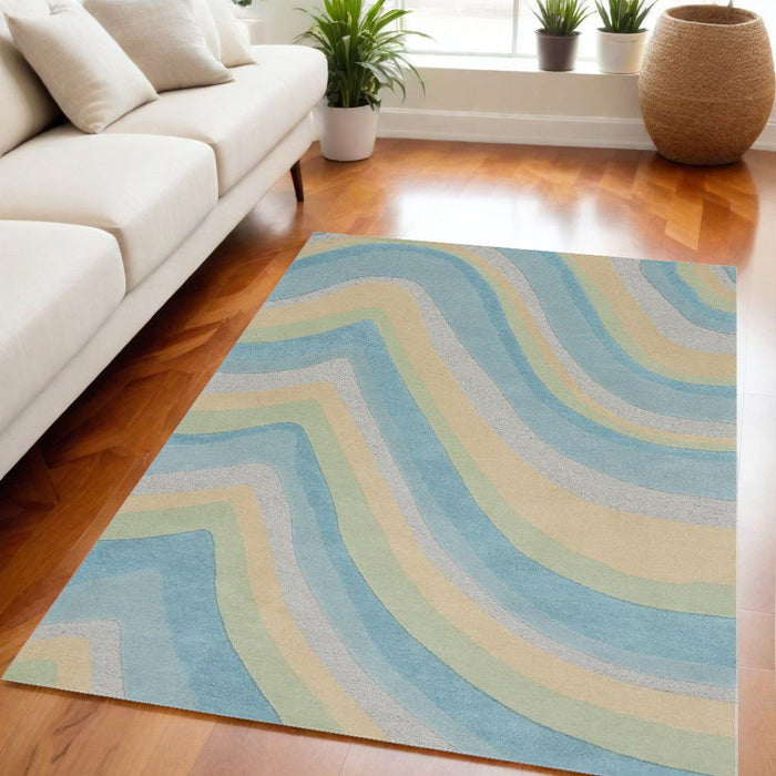 5' x 8' Hand Tufted Abstract Waves Indoor Area Rug - Ocean Blue Beige
