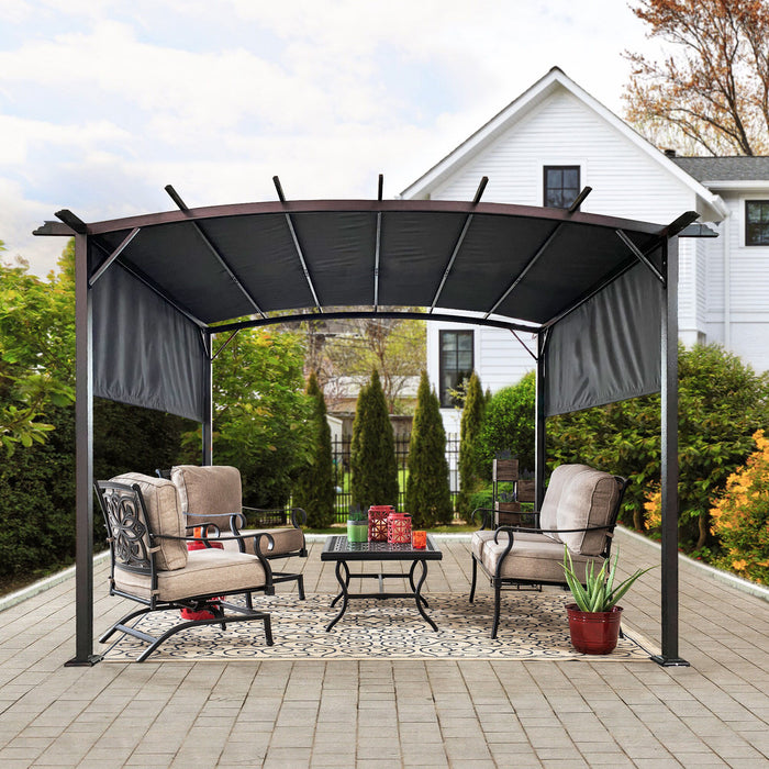 Giga outdoor patio pergola gazebo with steel frame and retractable canopy, providing sun shelter for outdoor spaces