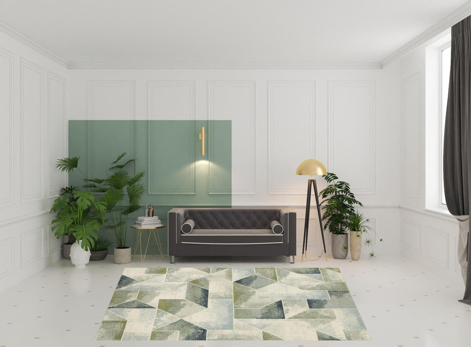 8' x 10' Geometric Power Loom Stain Resistant Area Rug - Blue Green Gray Gold And Ivory