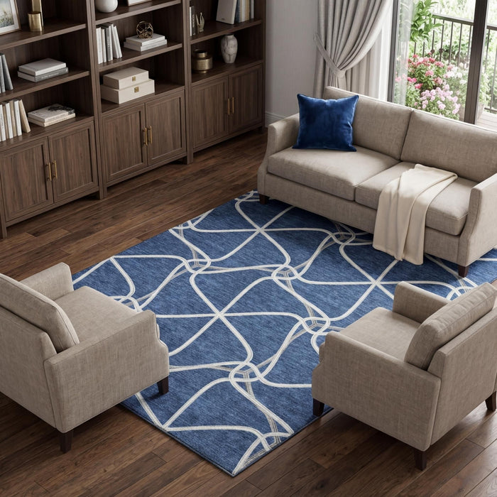 10' X 14' Geometric Washable Area Rug With UV Protection (675360) - Blue / Ivory