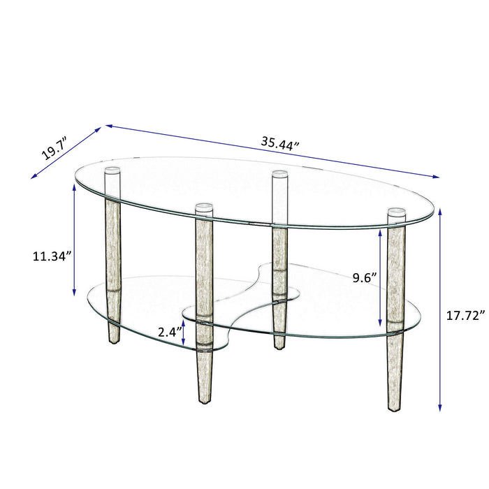 Giga transparent oval glass coffee table with oak wood legs and three-layer design, modern living room tea table