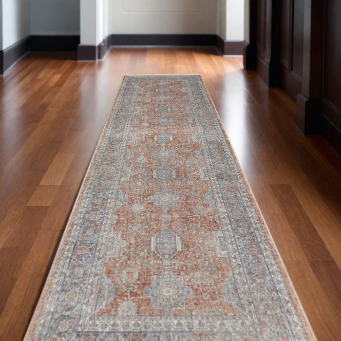 10' Oriental Power Loom Runner Rug With Fringe - Blue And Red