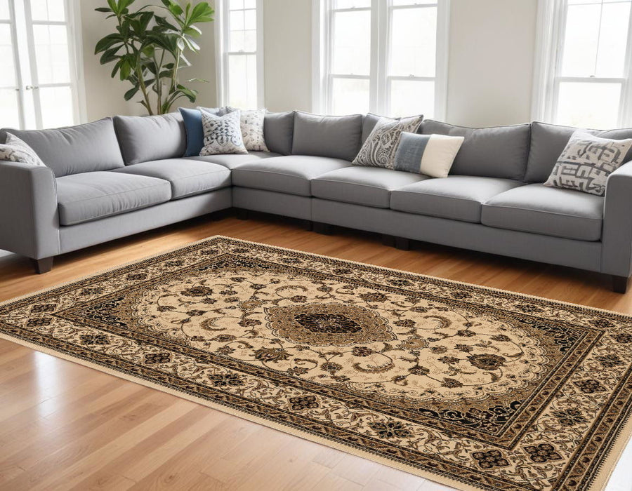 8' x 11' Floral Medallion Power Loom Area Rug - Beige And Black