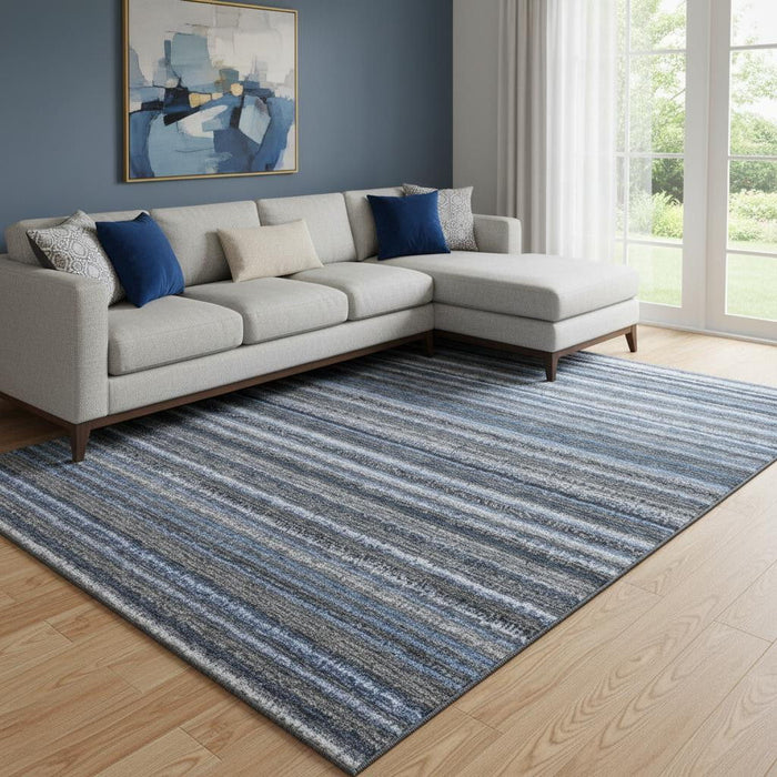 8' X 10' Striped Washable Area Rug With UV Protection (650780) - Blue / Gray