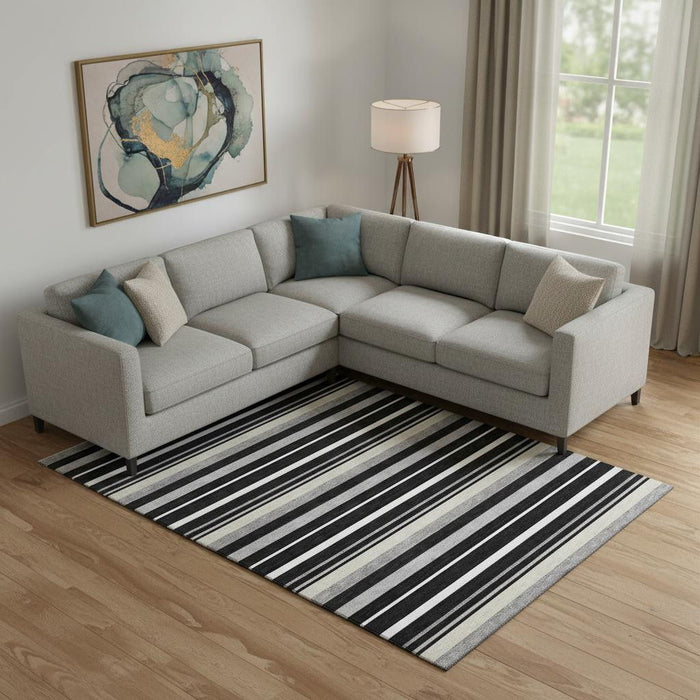 10' X 14' Striped Washable Area Rug With UV Protection (669901) - Black / Ivory / Gray