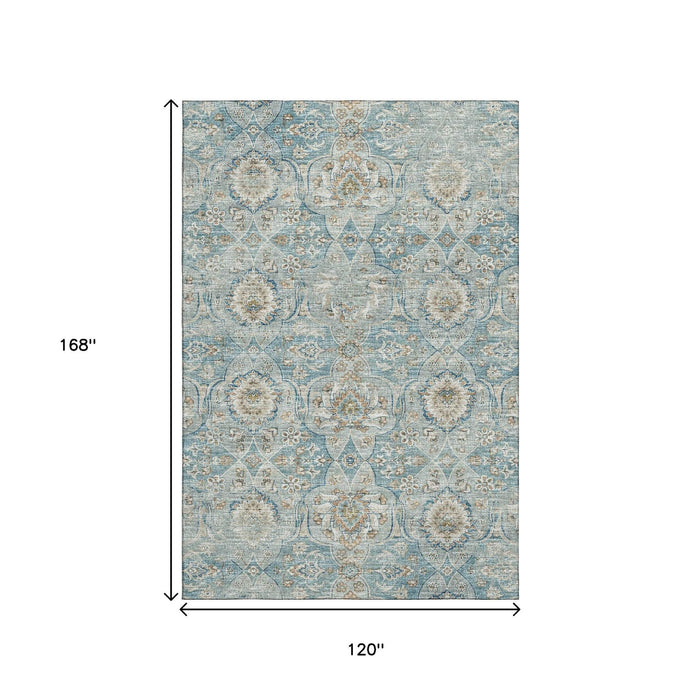10' X 14' Floral Medallion Distressed Washable Area Rug With UV Protection (644586) - Persian Blue / Coffee / Ivory