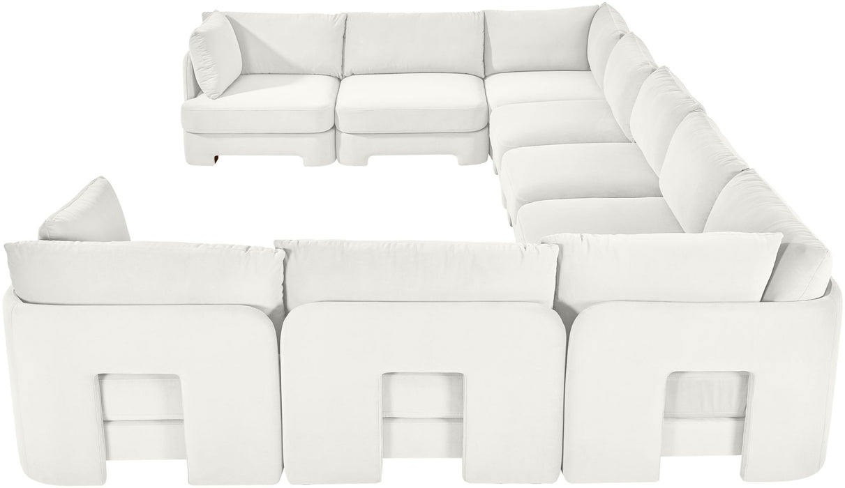 Meridian Furniture Hammond velvet performance fabric 9-piece sectional with plush upholstered cushions and modern design.