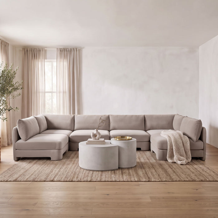Velvet performance fabric Meridian Furniture U-shaped armless sectional with six pieces, modern stationary sectional sofa.