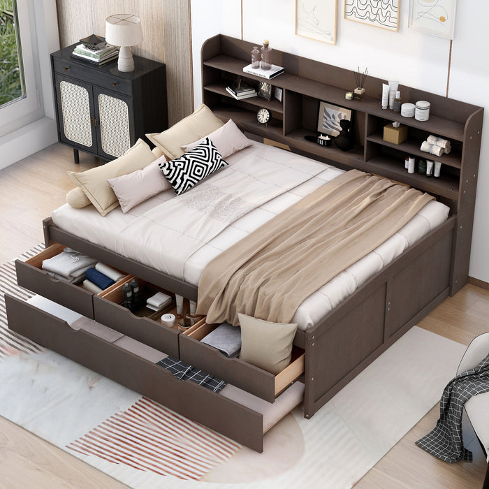 Giga Captain Bed with built-in bookshelves, three storage drawers, and a trundle for sleeping and storage.