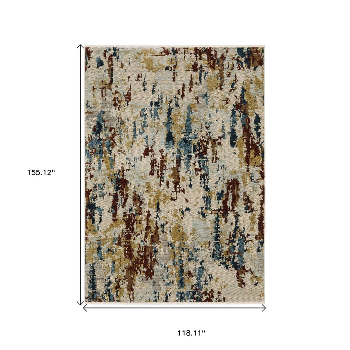 10' X 13' Abstract Distressed Area Rug With Fringe - Beige And Light Blue
