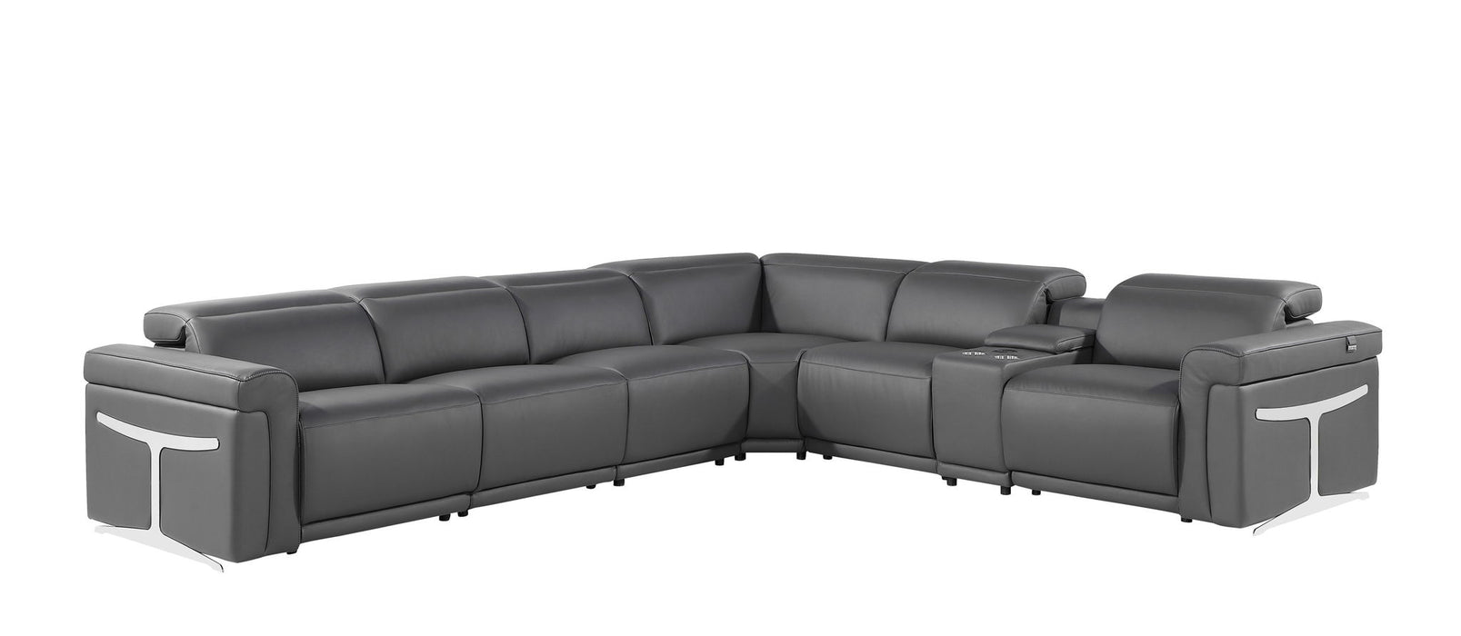 Italian Leather Modular L Shaped Seven Piece Corner Sectional With Console - Gray
