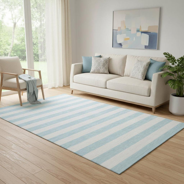 5' X 8' Striped Washable Area Rug With UV Protection (647658) - Sky Blue / Ivory