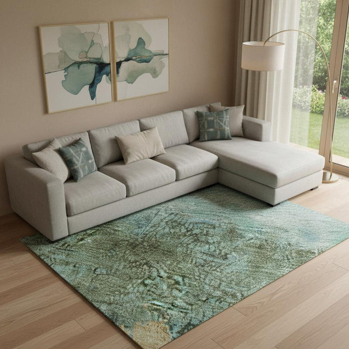 10' X 14' Abstract Washable Area Rug With UV Protection (698077) - Teal / Gold / Olive Green