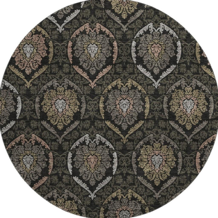 8' Medallion Washable Round Rug With UV Protection - Black / Gray