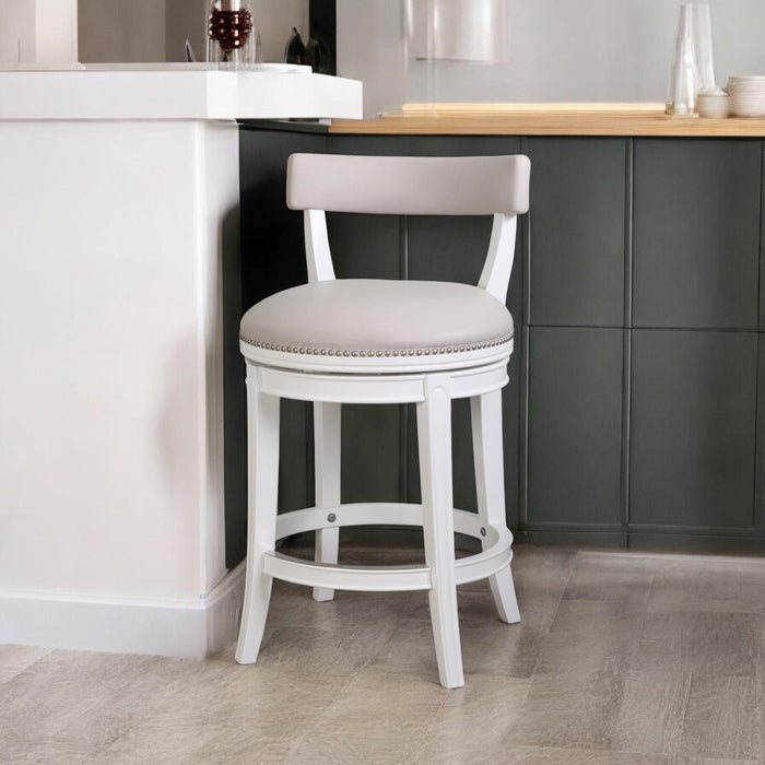 26" Casual Faux Leather And Solid Wood Low Back Counter Height Swivel Bar Chair - White