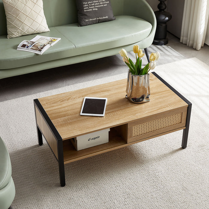 Giga 40.16-inch rattan coffee table with sliding door storage and metal legs, modern design for living room.